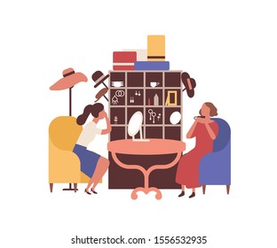 Flea market, rag fair flat vector illustration. Women accessories seller and customer faceless characters. Cheap goods, old bijouterie buying. Swap meet, charity shop, jewelry boutique.