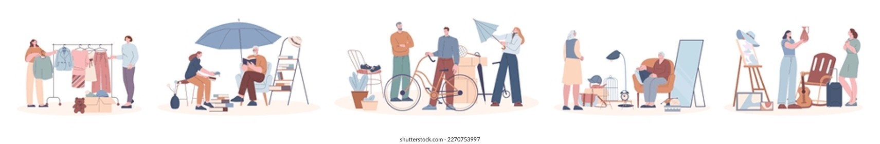 Flea market, retail designer bazaar scenes. Garage sale, people selling good used item, books and furniture, stylish clothes. Second hand kicky vector concept