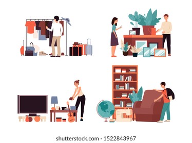 Flea Market Sale Drawing Set - Isolated Cartoon People Buying Old Clothes, Furniture And Plants In Second Hand Store, Isolated Flat Vector Illustration On White Background