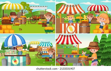 Flea market scene in cartoon style illustration