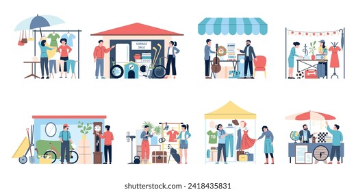 Flea market scenes. Garage sale, second hand furniture, accessories and clothes. Outdoor markets with used tools and goods, recent vector set