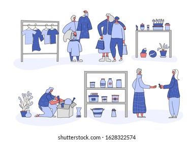 Flea market scenes set. Woman with son choosing clothes, person looking at  goods in the box, girl buying a local products.  Collection of selling vintage goods. Second hand shop. Vector illustration.