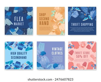 Flea market second hand shop vintage clothes shopping social media post design template set vector illustration. Thrift store sale discount advertising retail purchase retro fashion clothing