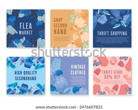 Flea market second hand shop vintage clothes shopping social media post design template set vector illustration. Thrift store sale discount advertising retail purchase retro fashion clothing