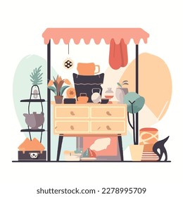 Flea market or second hand store. Reusable clothes and sustainable living concept. Flat vector illustration