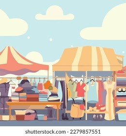 Flea market or second hand store. Reusable clothes and sustainable living concept. Flat vector illustration