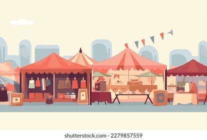 Flea market or second hand store. Reusable clothes and sustainable living concept. Flat vector illustration