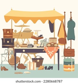 Flea market or second hand store. Reusable clothes and sustainable living concept. Flat vector illustration