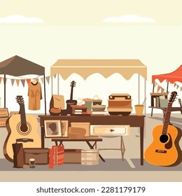 Flea market or second hand store. Reusable clothes and sustainable living concept. Flat vector illustration