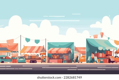 Flea market or second hand store. Reusable clothes and sustainable living concept. Flat vector illustration