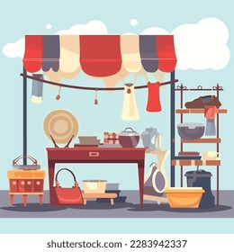 Flea market or second hand store. Reusable clothes and sustainable living concept. Flat vector illustration