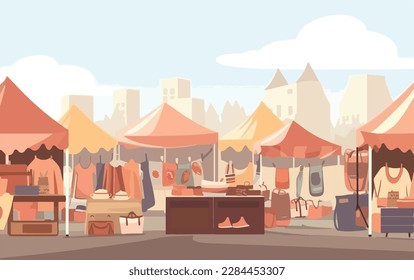 Flea market or second hand store. Reusable clothes and sustainable living concept. Flat vector illustration