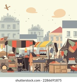 Mercado de pulgas o tienda de segunda mano. Ropa reutilizable y concepto de vida sostenible. Ilustración vectorial plana