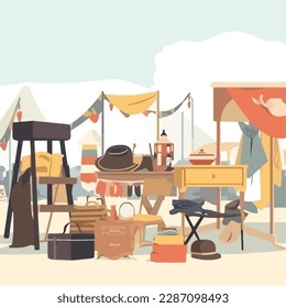 Mercado de pulgas o tienda de segunda mano. Ropa reutilizable y concepto de vida sostenible. Ilustración vectorial plana