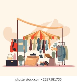 Flea market or second hand store. Reusable clothes and sustainable living concept. Flat vector illustration