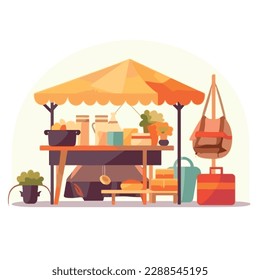 Flea market or second hand store. Reusable clothes and sustainable living concept. Flat vector illustration