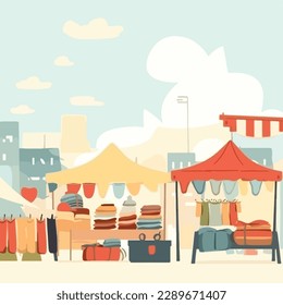Flea market or second hand store. Reusable clothes and sustainable living concept. Flat vector illustration
