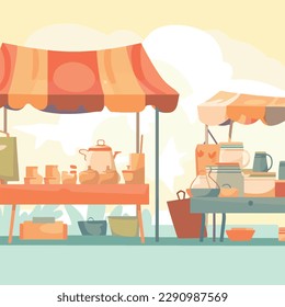 Flea market or second hand store. Reusable clothes and sustainable living concept. Flat vector illustration