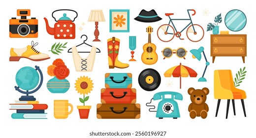 Flea market, second hand store and garage sale cute elements design set. Template for invitation, banner and poster. Vector illustration