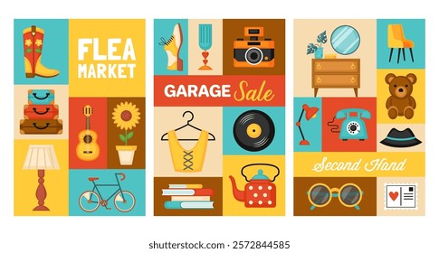 Flea market, second hand store and garage sale poster design. Modern icon set. Vector illustration