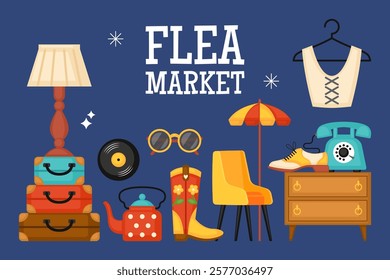 Flea market, second hand store and garage sale cute elements design set. Template for invitation, banner and poster. Vector illustration