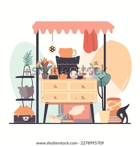 Flea market or second hand store. Reusable clothes and sustainable living concept. Flat vector illustration