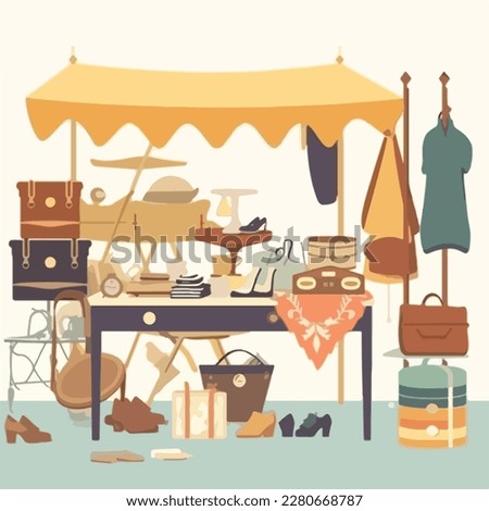 Flea market or second hand store. Reusable clothes and sustainable living concept. Flat vector illustration