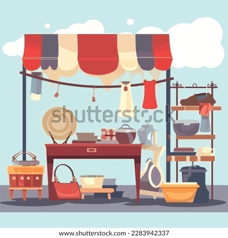 Flea market or second hand store. Reusable clothes and sustainable living concept. Flat vector illustration