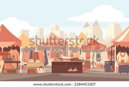 Flea market or second hand store. Reusable clothes and sustainable living concept. Flat vector illustration