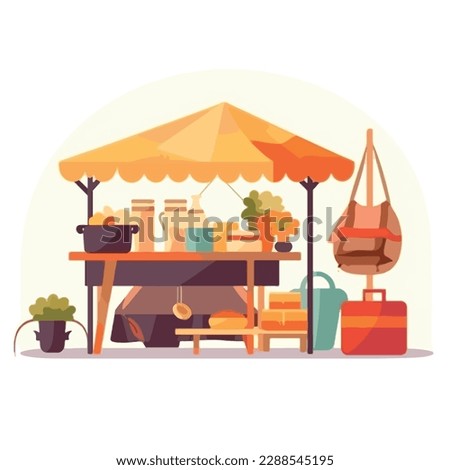 Flea market or second hand store. Reusable clothes and sustainable living concept. Flat vector illustration