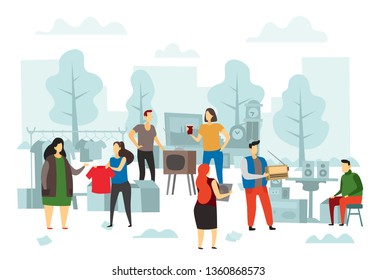 Flea market shopping. Fleas bazaar, people selling fashion clothes and street trading. Second hand shopping, flea shop or hipster antique accessories sale flat vector illustration