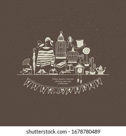Flea market signboard. Collection of vintage elements hand drawn in vector. Isolated on the background and easy to use.

