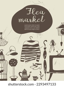 Flea market signbord. Collection of vintage elements hand drawn in vector.