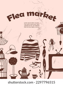 Flea market signbord. Collection of vintage elements hand drawn in vector.