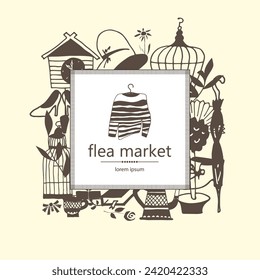 Flea market signbord. Collection of vintage elements hand drawn in vector.