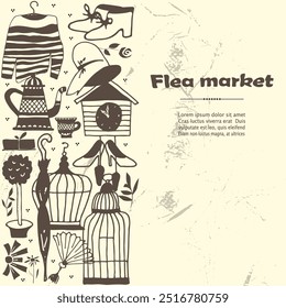 Flea market signbord. Collection of vintage elements hand drawn in vector.