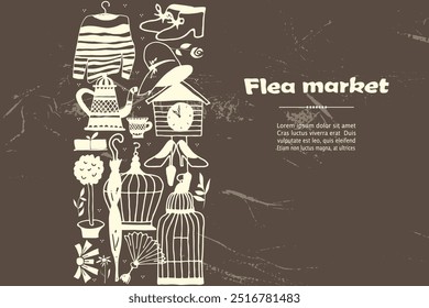 Flea market signbord. Collection of vintage elements hand drawn in vector.