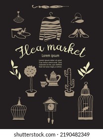 Flea market signbord. Invitation and announcement. Collection of vintage elements hand drawn in vector.