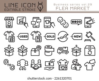 Flea market site vector icon set. Editable line stroke.