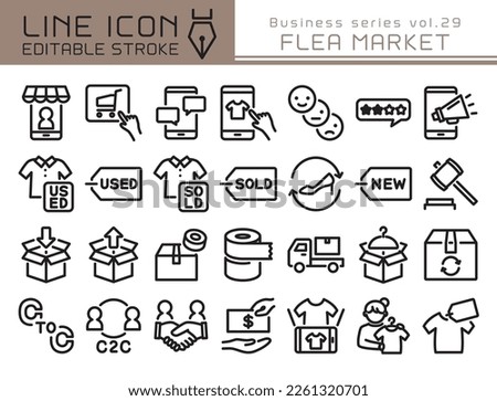 Flea market site vector icon set. Editable line stroke.
