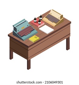 Flea market stall with vintage printing machines ink papers books 3d isometric icon vector illustration