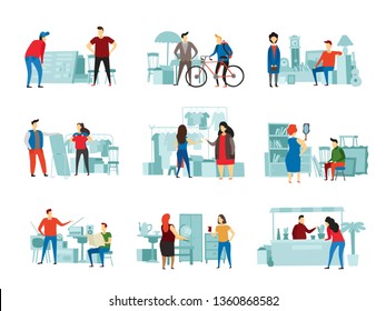 Flea market. Street trading, fleas marketplace sale and second hand clothes swap meet. Fleas marketing truck, tourism shopping or flea fashion bazaar. Vector flat illustration isolated icons set