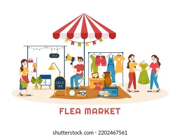 Flea Market Template Hand Drawn Cartoon Flat Illustration Second Hand Shop with Shoppers, Swap Meet, Sellers and Customers at Weekend