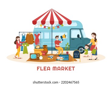 Flohmarkt Vorlage handgezeichnet Cartoon Flach Illustration Second Hand Shop mit Shoppers, Swap Meetings, Verkäufer und Kunden am Wochenende