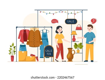 Flea Market Template Hand Drawn Cartoon Flat Illustration Second Hand Shop with Shoppers, Swap Meet, Sellers and Customers at Weekend