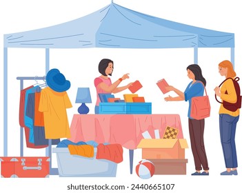 Flea market tent. Color stuff selling illustration isolated on white background