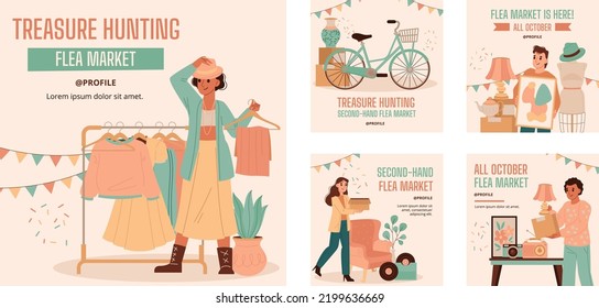 Flea market treasure flat vector illustration. Customers and sellers cartoon characters. Clothing and vintage goods retail business. Garage sale, second hand shop. Merchandise and consumerism concept.