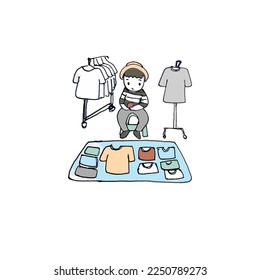 Flea market: t-shirt, jeans. freehand drawn, flat vector illustration.