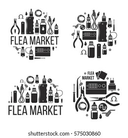 Flea market of vape. Icons on white background. Electronic cigarette, Vector illustration