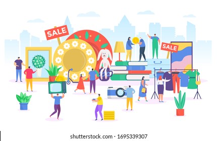 Flea market vector illustration. Cartoon flat tiny people selling or shopping old fashion clothes in street market, shopper character with bag on sale. Second hand shop, bazaar marketplace background